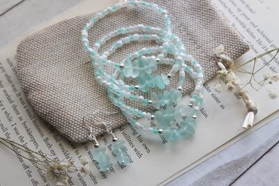 Handmade Seed Beaded Aqua Sea Glass BraceletSea Glass Jewelry | Sea Glass Bracelet | Beach Wedding Jewelry | Beach Glass Jewelry Gift - image1